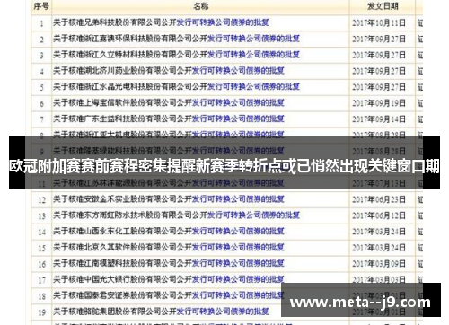 欧冠附加赛赛前赛程密集提醒新赛季转折点或已悄然出现关键窗口期