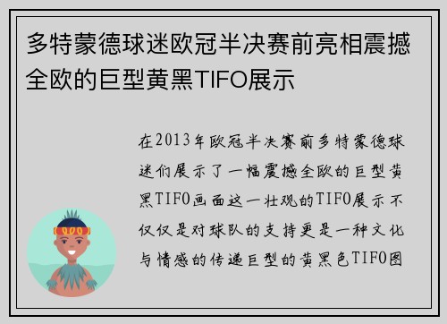多特蒙德球迷欧冠半决赛前亮相震撼全欧的巨型黄黑TIFO展示