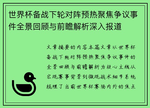 世界杯备战下轮对阵预热聚焦争议事件全景回顾与前瞻解析深入报道