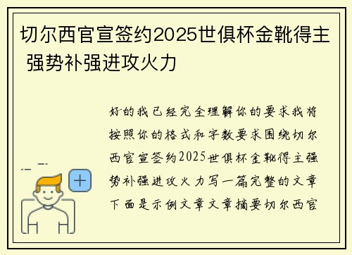 切尔西官宣签约2025世俱杯金靴得主 强势补强进攻火力