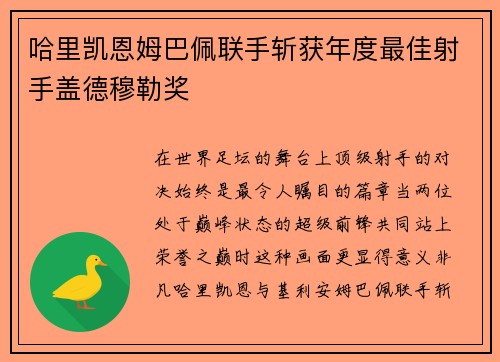 哈里凯恩姆巴佩联手斩获年度最佳射手盖德穆勒奖
