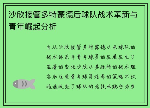 沙欣接管多特蒙德后球队战术革新与青年崛起分析